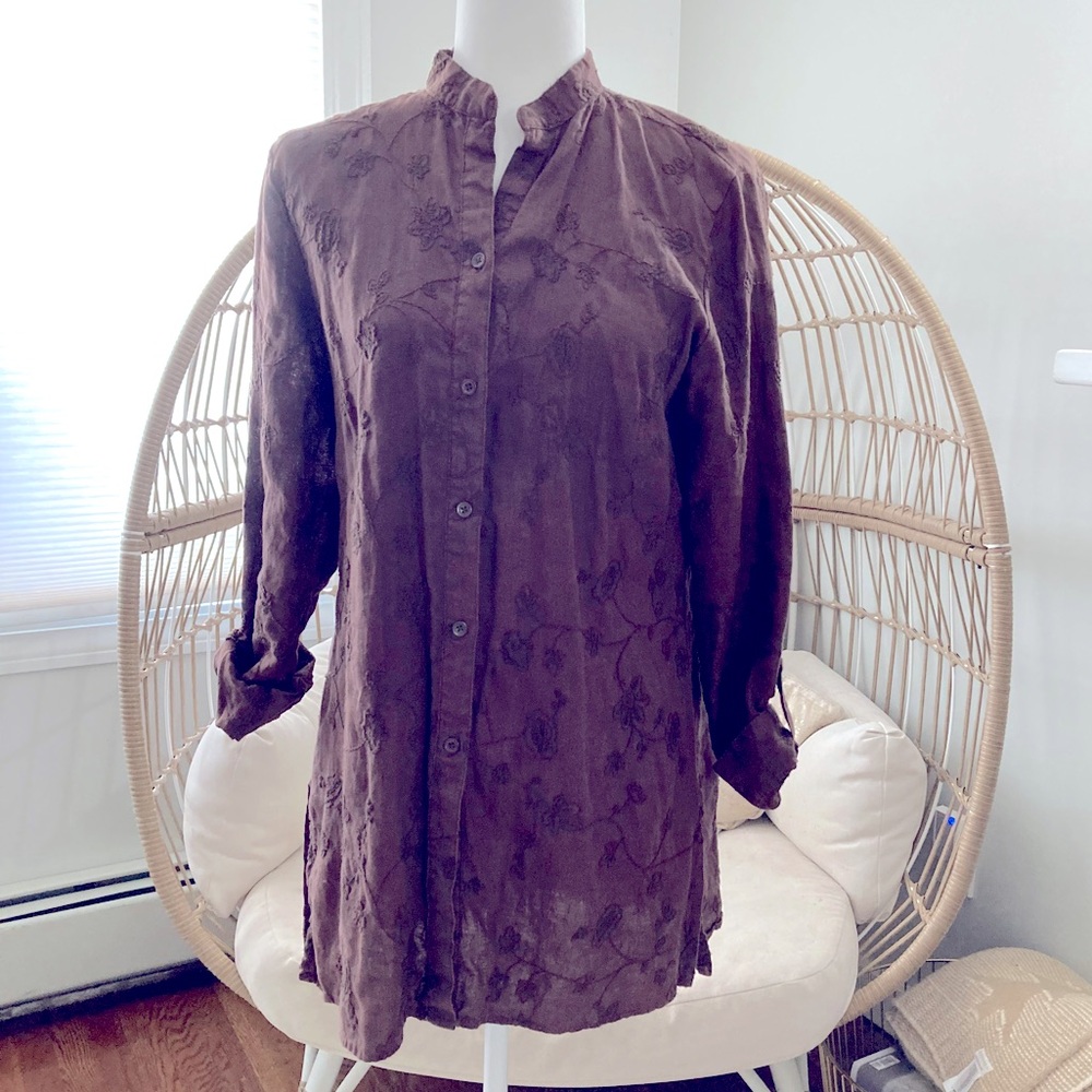 Ecologie 100% Linen Shirt Dress Women's Medium Boho Retro Minimalist Embroidered